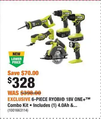 Home Depot Exclusive 6-piece ryobi® 18v one+™ combo kit • includes (1) 4.0ah & (1) 1.5ah batteries and charger offer