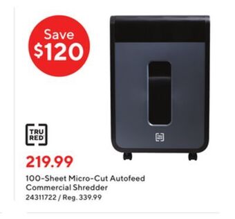 Staples Tru red 100-sheet micro-cut autofeed commercial shredder offer