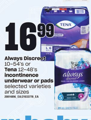Zehrs Markets Always discreet, 10-54's or tena, 12-48's incontinence underwear or pads offer