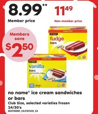 Zehrs Markets No name® ice cream sandwiches or bars, 24/30's offer
