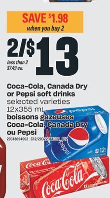 Valu-mart Coca-cola, canada dry or pepsi soft drinks, 12x355 ml offer