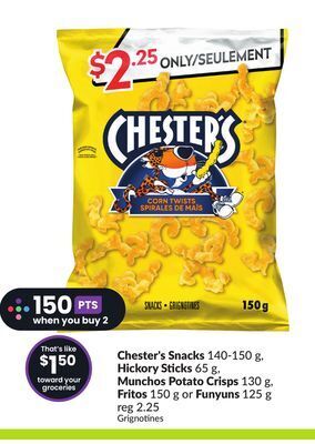 FreshCo Chester's snacks 140-150 g, hickory sticks 65 g offer