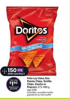 Chalo FreshCo Frito lay value size potato chips, tortilla chips, snacks or popcorn 275-480 g offer