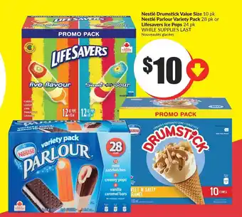 FreshCo Nestlé Drumstick Value Size 10 pk Nestlé Parlour Variety Pack 28 pk or Lifesavers Ice Pops 24 pk offer