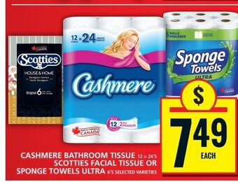 Food Basics CASHMERE BATHROOM TISSUE, SCOTTIES FACIAL TISSUE OR SPONGE TOWELS ULTRA offer