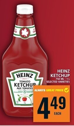 Food Basics HEINZ KETCHUP 750 ML - 1 L offer