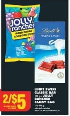 No Frills LINDT SWISS CLASSIC BAR or JOLLY RANCHER CANDY BAG offer