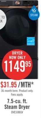The Brick Samsung 7.5 cu. ft. smart electric dryer with steam sanitize+ - dve50bg8300vac offer
