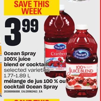 Independent City Market Ocean spray 100% juice blend or cocktail, 1.77-1.89 l offer