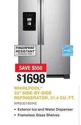 Bad Boy Superstore Whirlpool® 33 side-by-side refrigerator, 21.4 cu. ft. offer