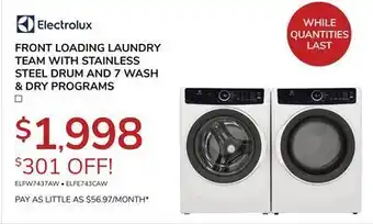 Goemans Appliances Electrolux front loading laundry team with stainless steel drum and 7 wash & dry programs offer