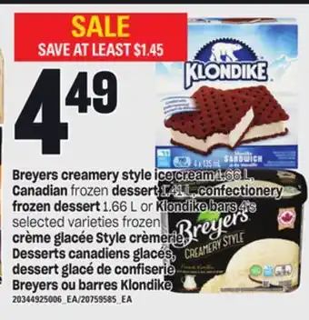 Independent City Market Breyers creamery style ice cream 1.66 l, canadian frozen dessert 1.41 l. confectionery frozen dessert 1.66 l, or klondike bar offer