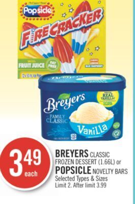 Shoppers Drug Mart Breyers classic frozen dessert (1.66l) or popsicle novelty bars offer