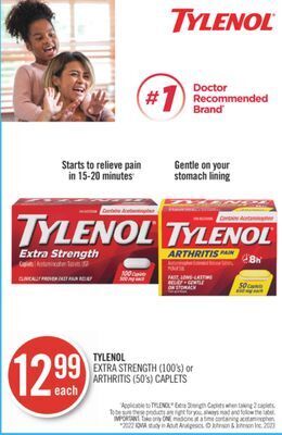 Shoppers Drug Mart Tylenol extra strength (100's) or arthritis (50's) caplets offer