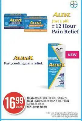 Shoppers Drug Mart Alevex max strength roll-on (72g), aleve liquid gels or back & body pain (65's) offer