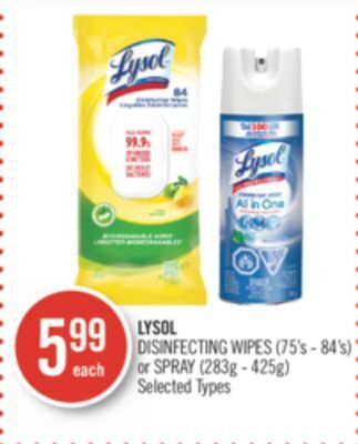 Shoppers Drug Mart Lysol disinfecting wipes (75's - 84's) or spray (283g - 425g) offer