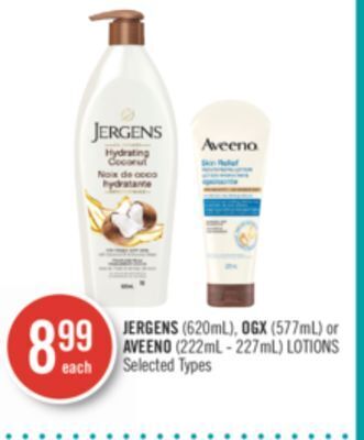 Shoppers Drug Mart Jergens (620ml), ogx (577ml) or aveeno (222ml - 227ml) lotions offer