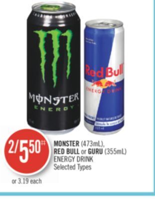 Shoppers Drug Mart Monster (473ml), red bull or guru (355ml) energy drink offer