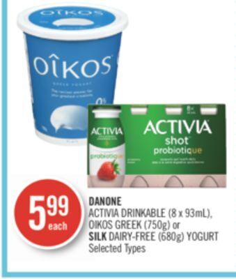 Shoppers Drug Mart Danone activia drinkable (8 x 93ml), oikos greek (750g) or silk dairy-free (680g) yogurt offer