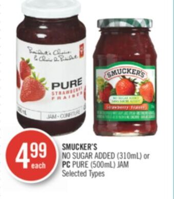 Shoppers Drug Mart Smucker's no sugar added (310ml) or pc pure (500ml) jam offer