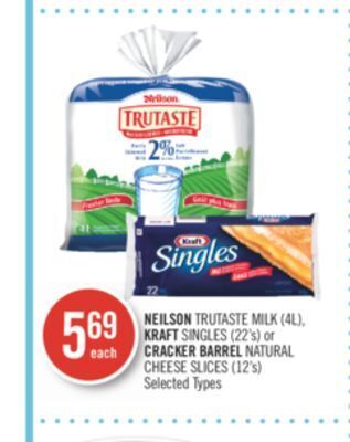 Shoppers Drug Mart Neilson trutaste milk (4l), kraft singles (22's) or cracker barrel natural cheese slices (12's) offer