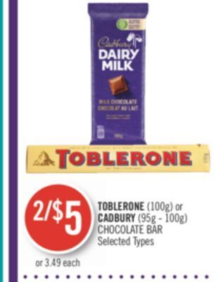 Shoppers Drug Mart Toblerone (100g) or cadbury (95g - 100g) chocolate bar offer
