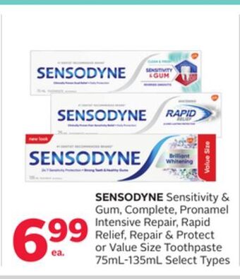 Rexall Sensodyne sensitivity & gum, complete, pronamel intensive repair, rapid relief, repair & protect or value size toothpaste offer