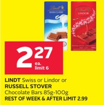 Rexall Lindt swiss or lindor or russell stover chocolate bars 85g-100g offer