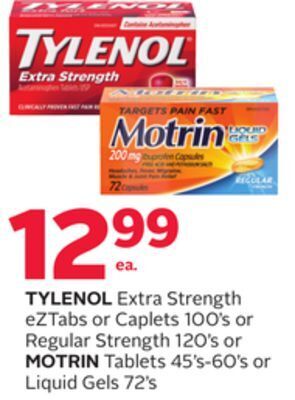 Rexall Tylenol extra strength eztabs or caplets 100's or regular strength 120's or motrin tablets 45's-60's or liquid gels 72's offer