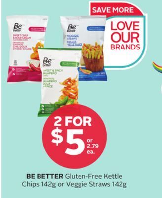 Rexall Be better gluten-free kettle chips 142g or veggie straws 142g offer