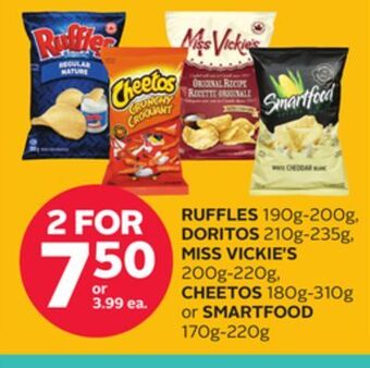 Rexall Ruffles 190g-200g, doritos 210g-235g, miss vickie's 200g-220g, cheetos 180g-310g or smartfood 170g-220g offer