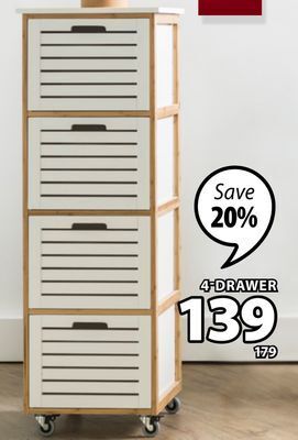 JYSK Fyn scandinavian inspired furniture featuring a blend of clean white lacquered mdf and natural bamboo offer