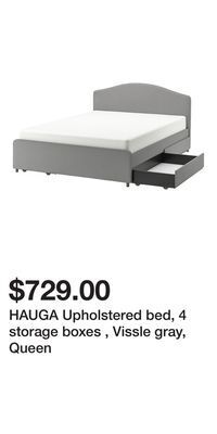 IKEA Hauga upholstered bed, 4 storage boxes , vissle gray, queen offer
