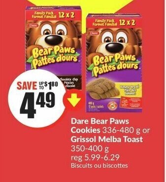 FreshCo Dare Bear Paws Cookies or Grissol Melba Toast offer
