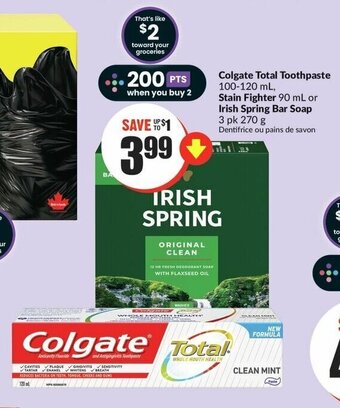 FreshCo Colgate Total Toothpaste, Stain Fighter or Irish Spring Bar Soap offer