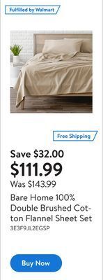 Walmart Bare home 100% double brushed cotton flannel sheet set offer