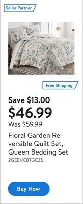 Walmart Floral garden reversible quilt set, queen bedding set offer