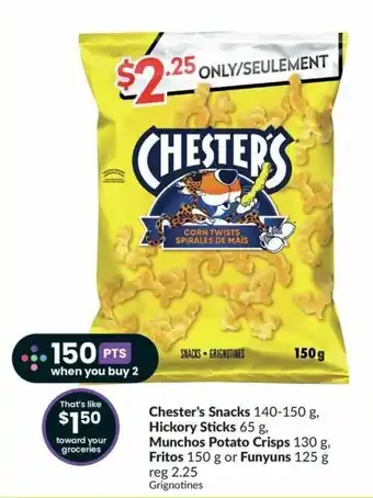 FreshCo Chester's Snacks, Hickory Sticks 65 g, Munchos Potato Crisps, Fritos or Funyuns offer