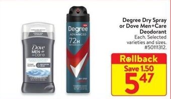 Walmart Degree Dry Spray or Dove Men+Care Deodorant offer