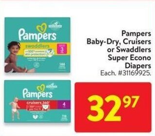 Walmart Pampers Baby-Dry, Cruisers or Swaddlers Super Econo Diapers offer