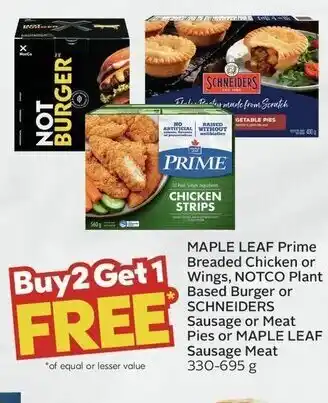 Sobeys MAPLE LEAF Prime Breaded Chicken or Wings, NOTCO Plant Based Burger or SCHNEIDERS Sausage or Meat Pies or offer