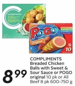 Sobeys COMPLIMENTS Breaded Chicken Balls with Sweet & Sour Sauce or POGO original offer