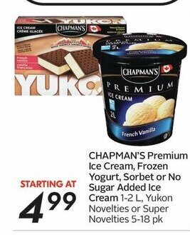 Sobeys CHAPMAN'S Premium Ice Cream, Frozen Yogurt, Sorbet or No Sugar Added Ice Cream offer
