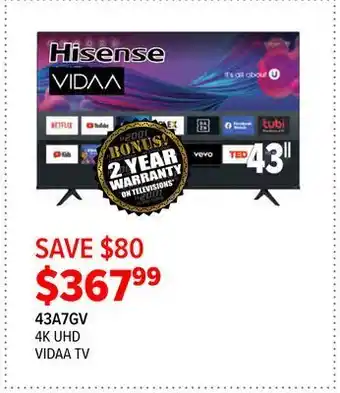 2001 Audio Video Hisense 43 vidaa 4k uhd tv offer