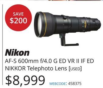 Vistek Nikon af-s 600mm f/4.0 g ed vr ii if ed telephoto lens offer