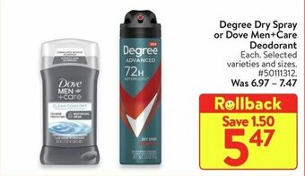 Walmart Degree Dry Spray or Dove Men+Care Deodorant offer