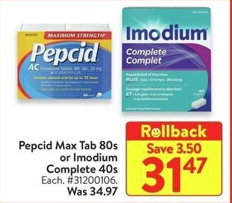 Walmart Pepcid Max Tab 80s or Imodium Complete 40s offer