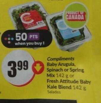 FreshCo Compliments Baby Arugula, Spinach or Spring Mix or Fresh Attitude Baby Kale Blend offer