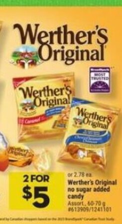 Giant Tiger Werther's Original no sugar added candy Assort, 60-70 g offer