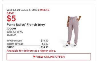 Costco Puma ladies' french terry jogger offer